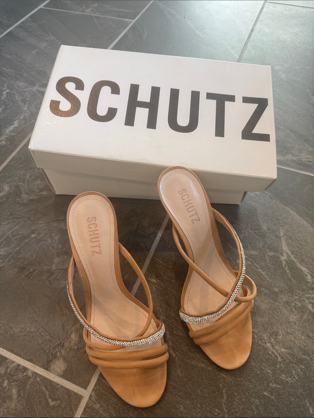 SCHUTZ Tan Strappy Heeled Slides with Crystal Accent